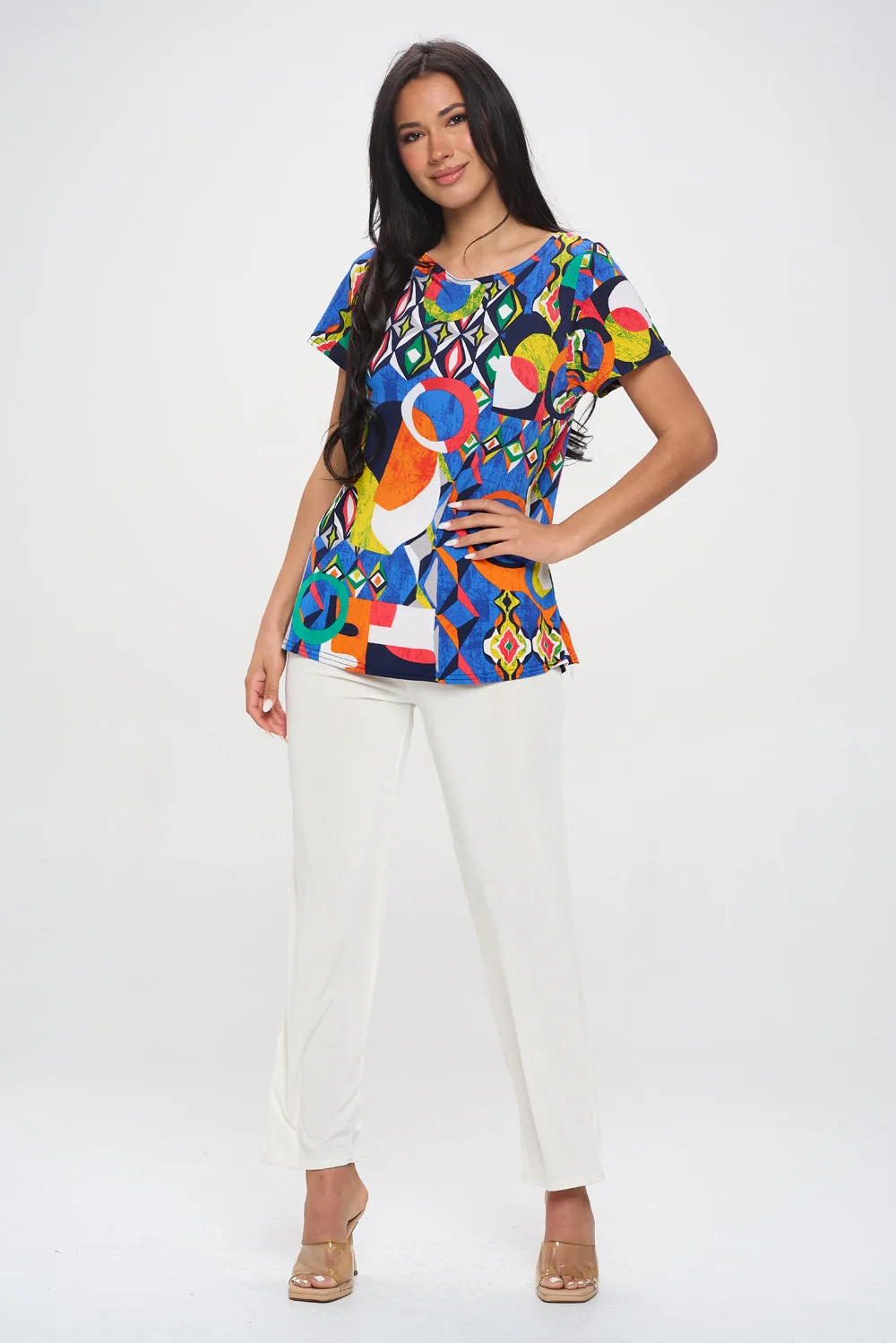 Print Boat Neckline Short Short Sleeve Top-3068HT-SRP1-W419