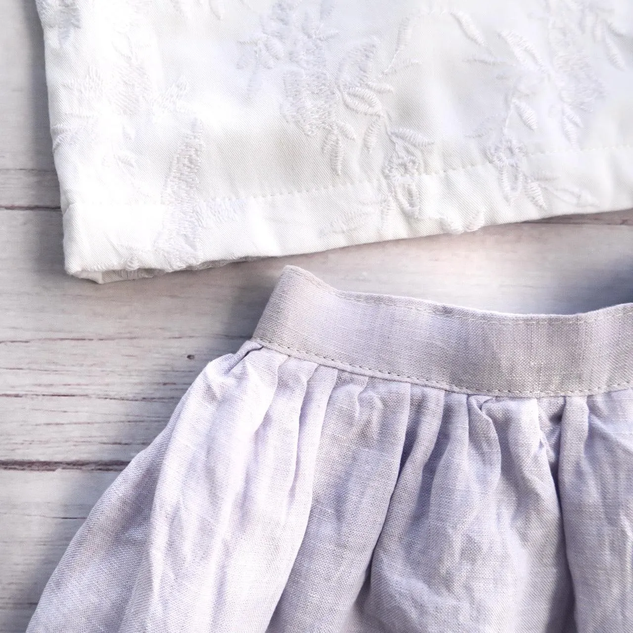 Sage Top and Skirt in White Flower Embroidery and Lilac Linen