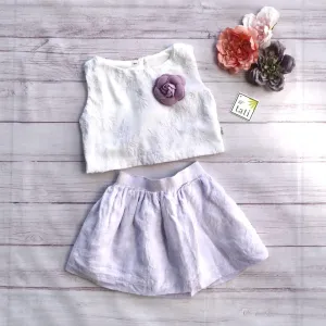 Sage Top and Skirt in White Flower Embroidery and Lilac Linen