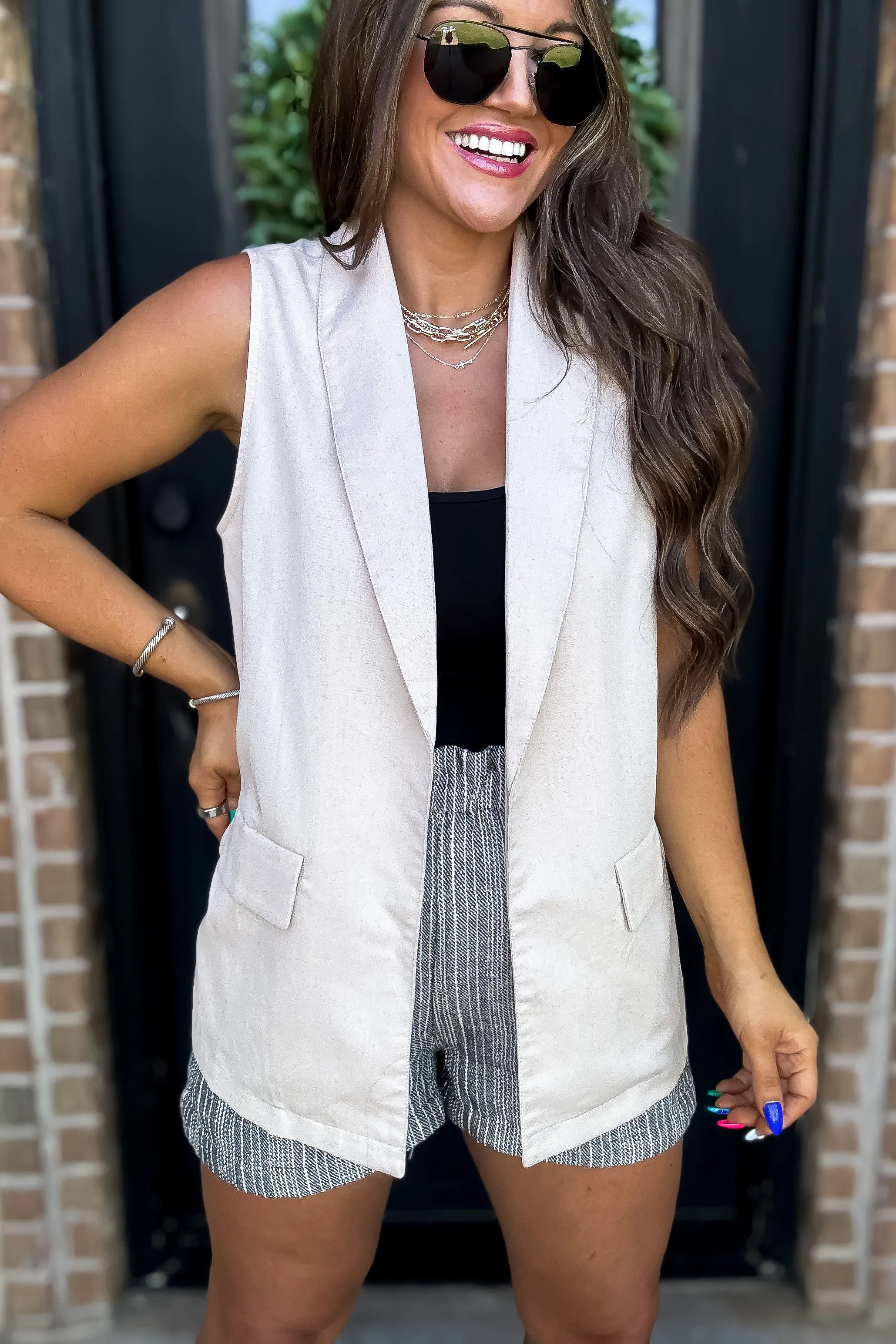 Shawl Neck Taupe Open Front Vest Blazer