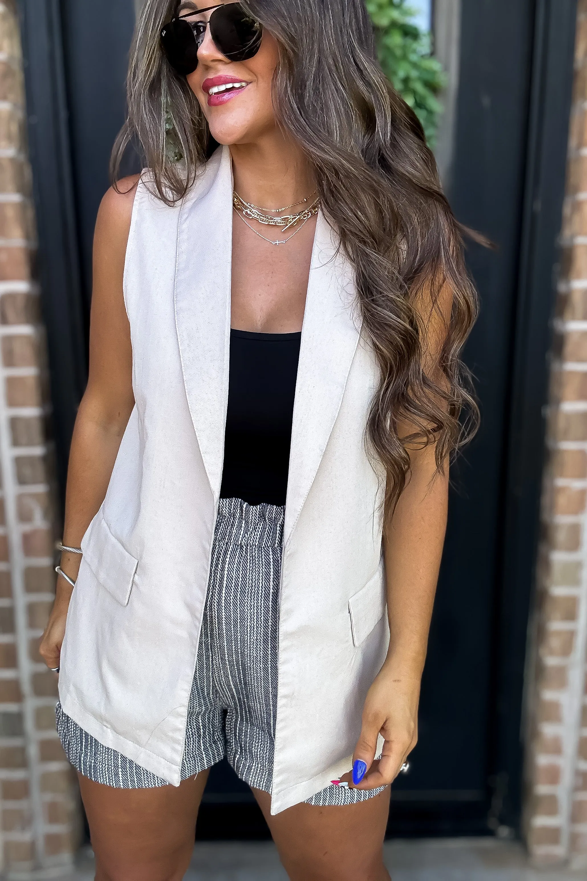 Shawl Neck Taupe Open Front Vest Blazer