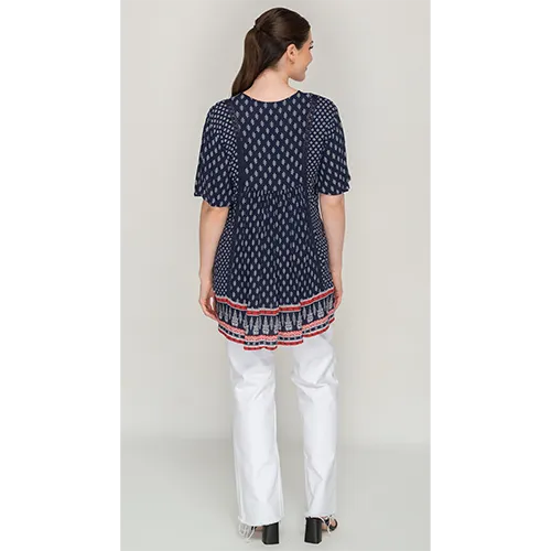 Sleeve Less Navy Blue Printed Tunic Dress For Women