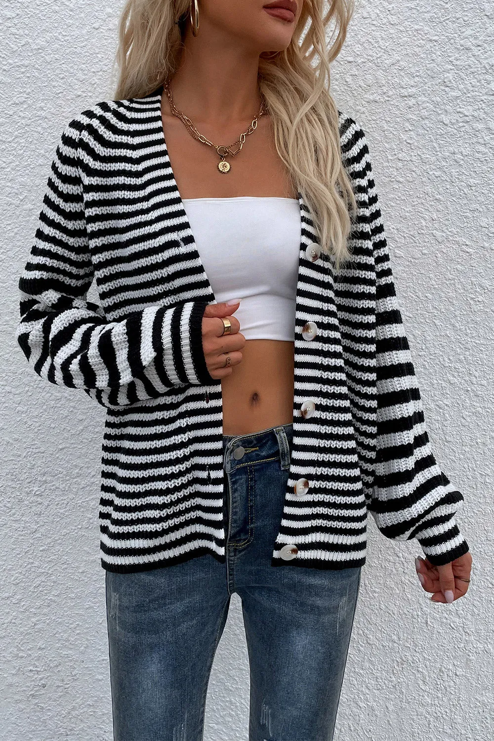 Striped V-Neck Button-Down Cardigan