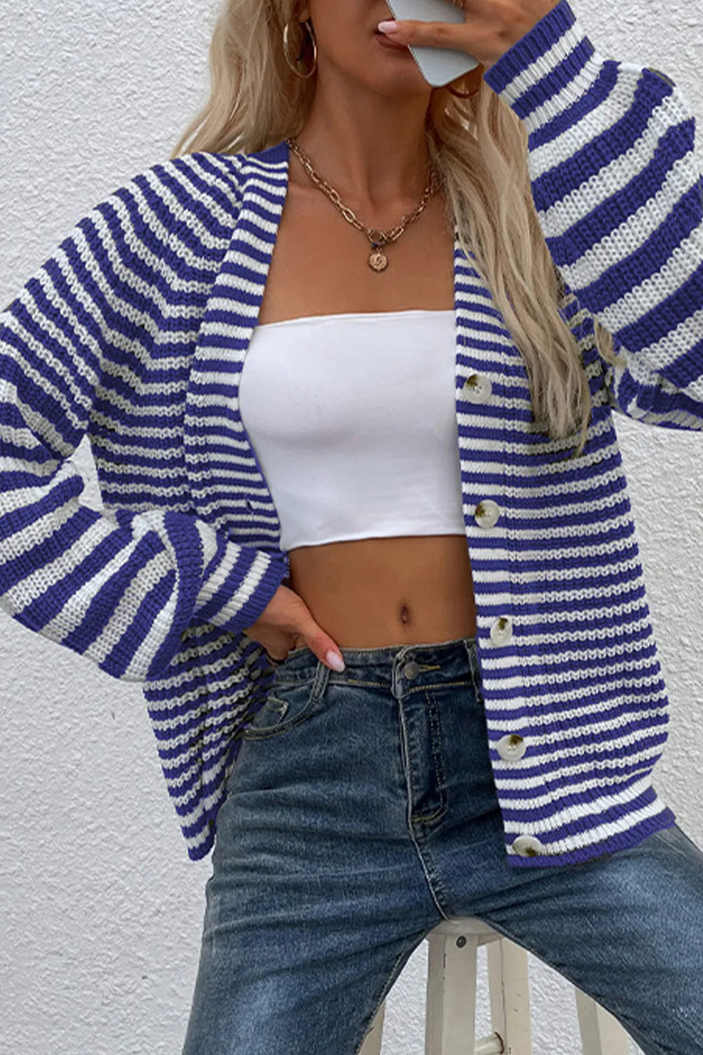 Striped V-Neck Button-Down Cardigan