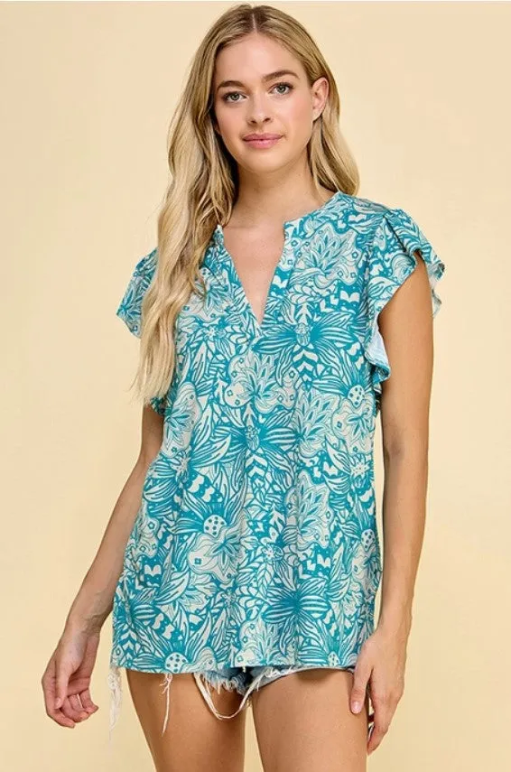 Teal Floral Top w/Ruffle Sleeves - #6417-6422