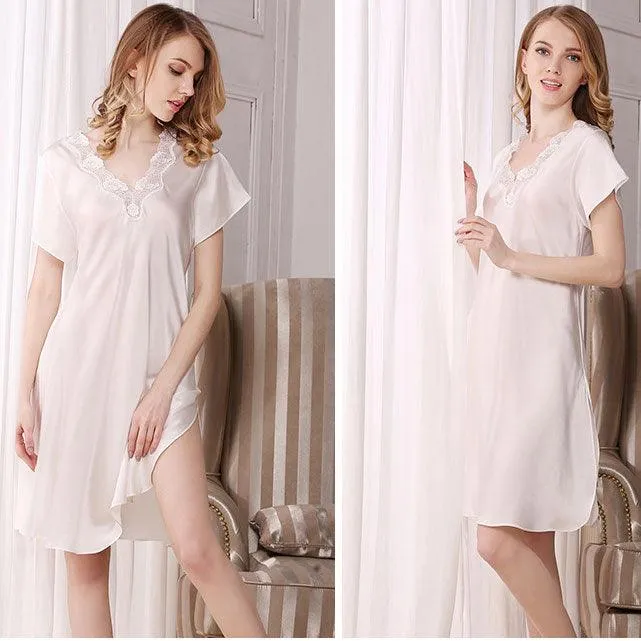 V neck Women Silk Nightgown with lace short sleeves classic silk sleepwear