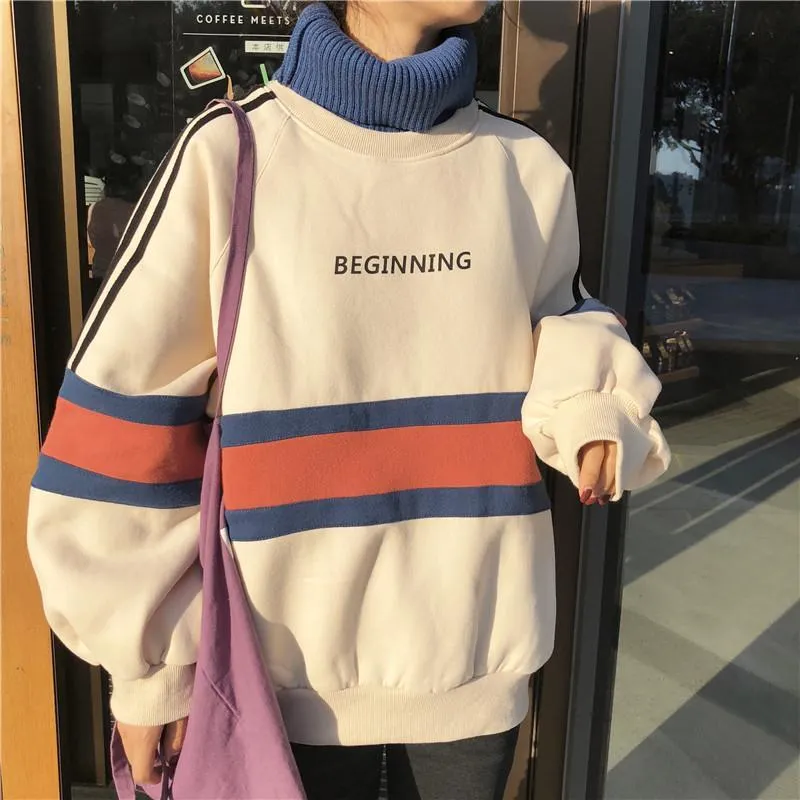 Warm Turtleneck Beginning Letter Print Striped Sweatshirt