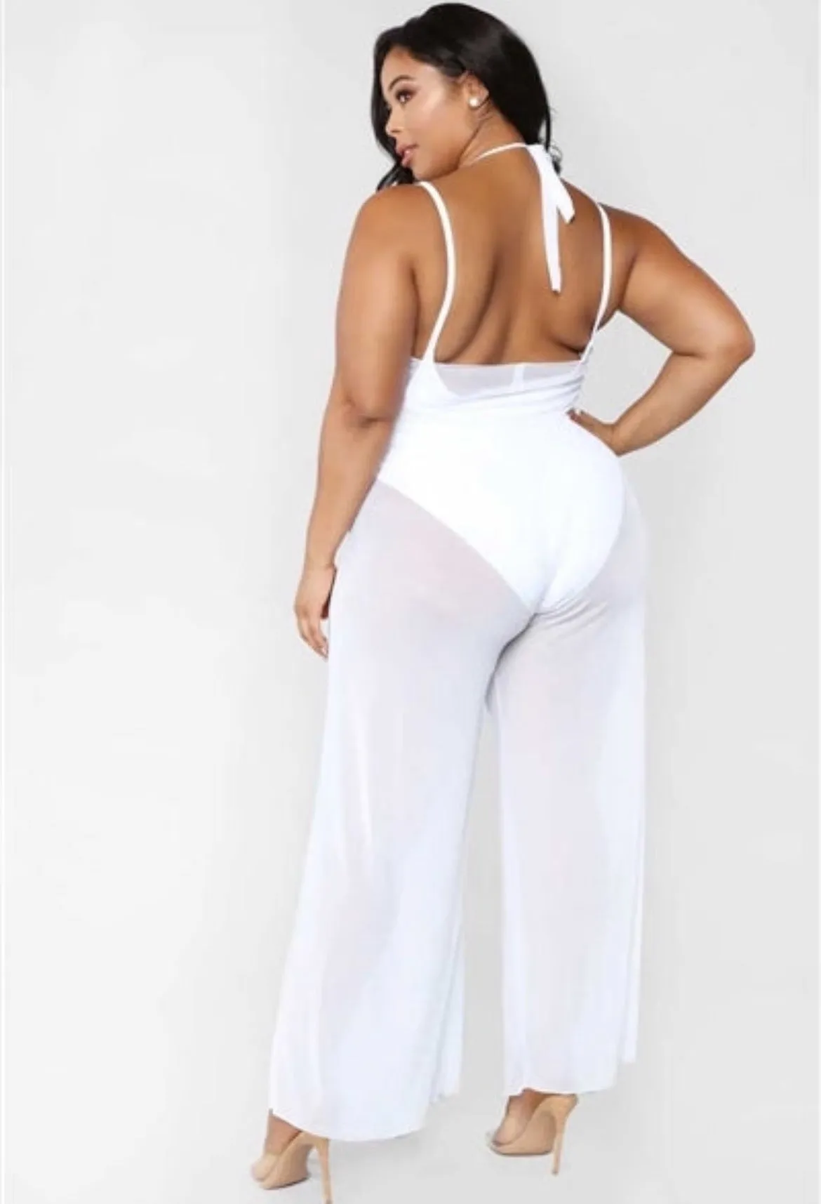 White V-Neck Sleeveless Wide Leg Sheer Jumpsuit Cover Up