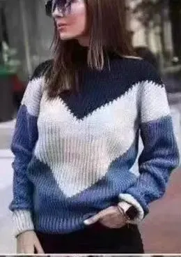 Women's Autumn And Winter Stitching Striped Knit Sweater